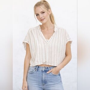 A.n.a V-Neck Short Sleeve Cropped Linen Pullover Top L